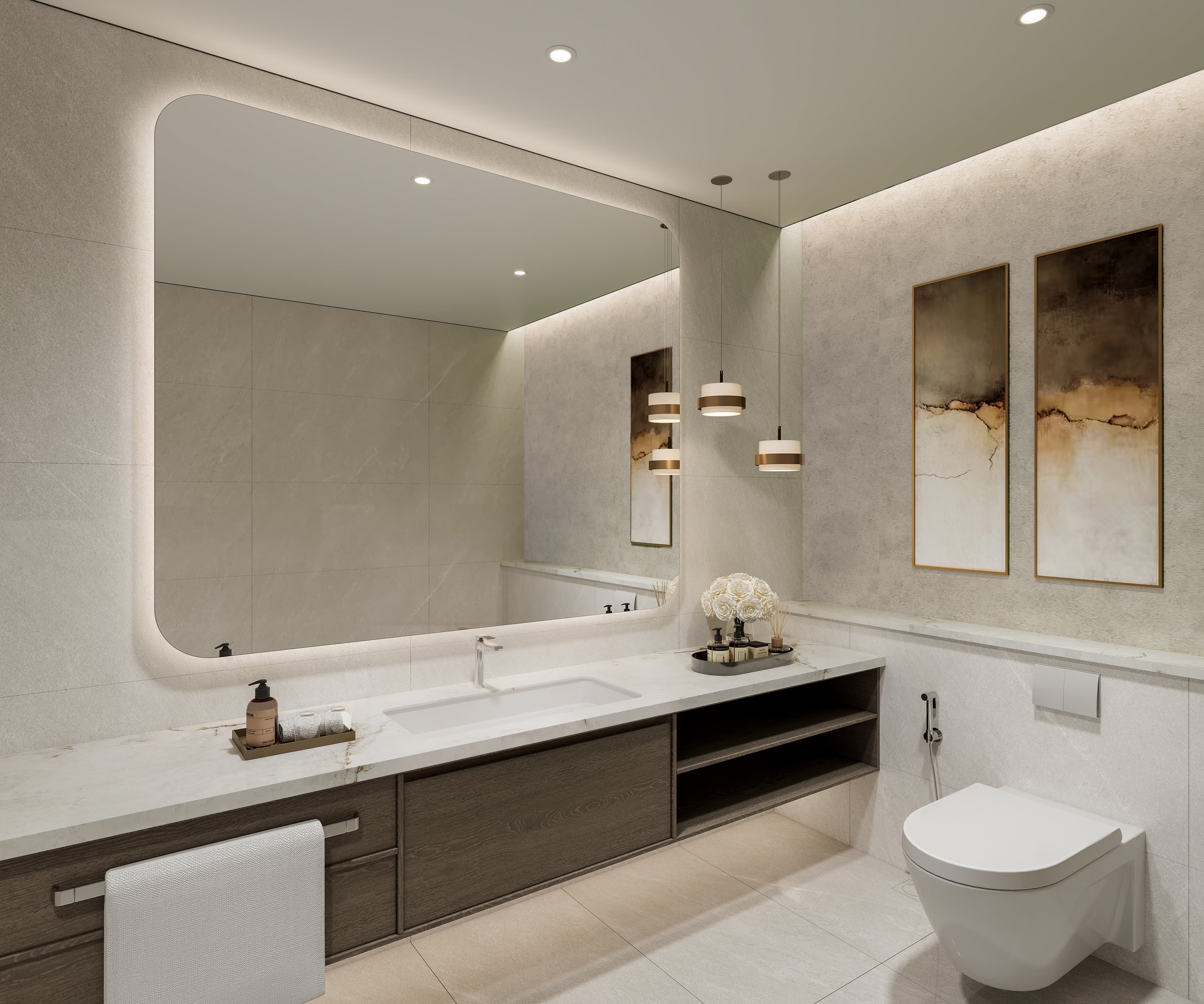 A bathroom at Arancia Yards 2, with a stone vanity and a walk-in shower.