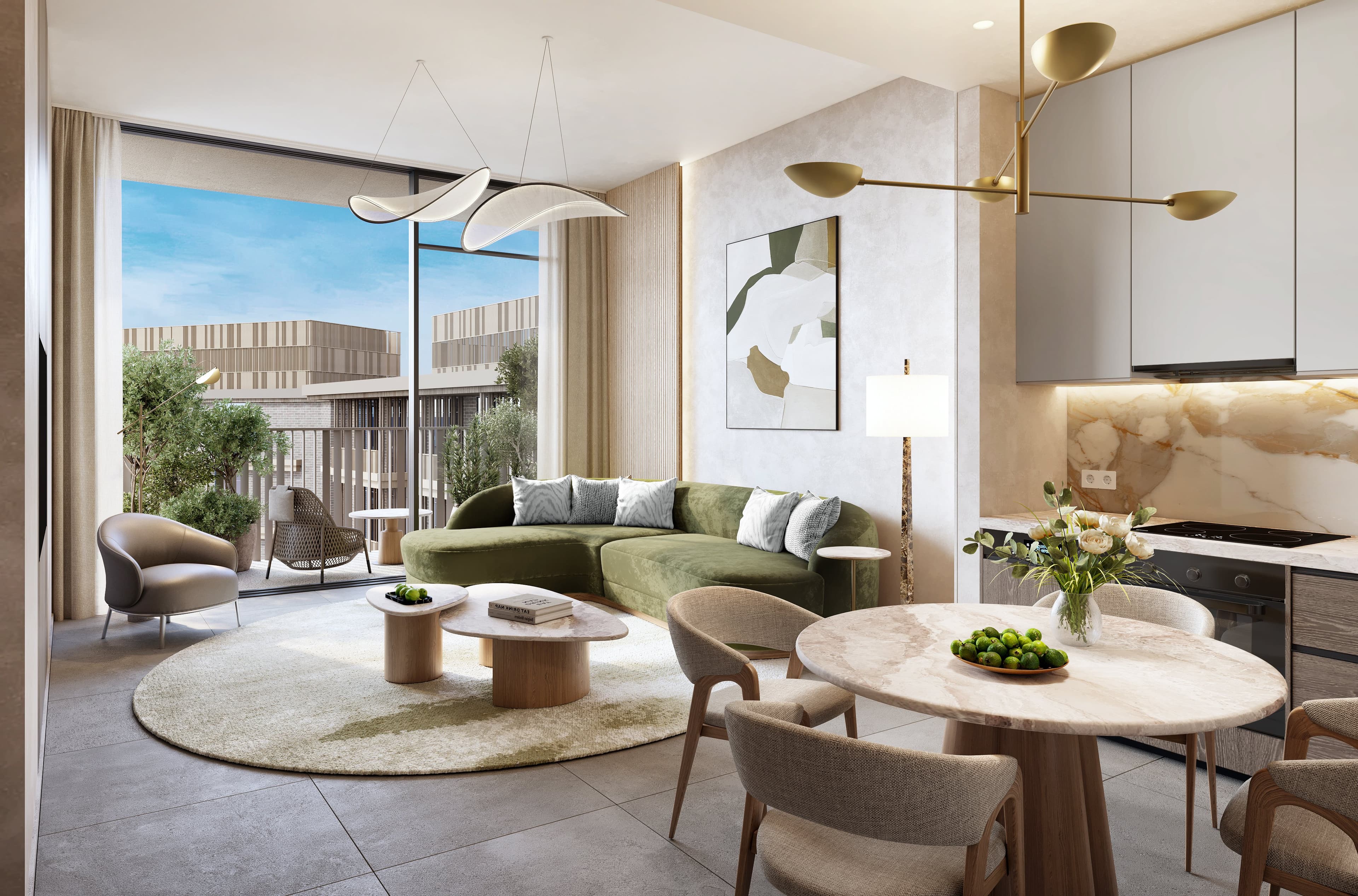 A living and dining room at Arancia Yards 2, opening onto a planted balcony.