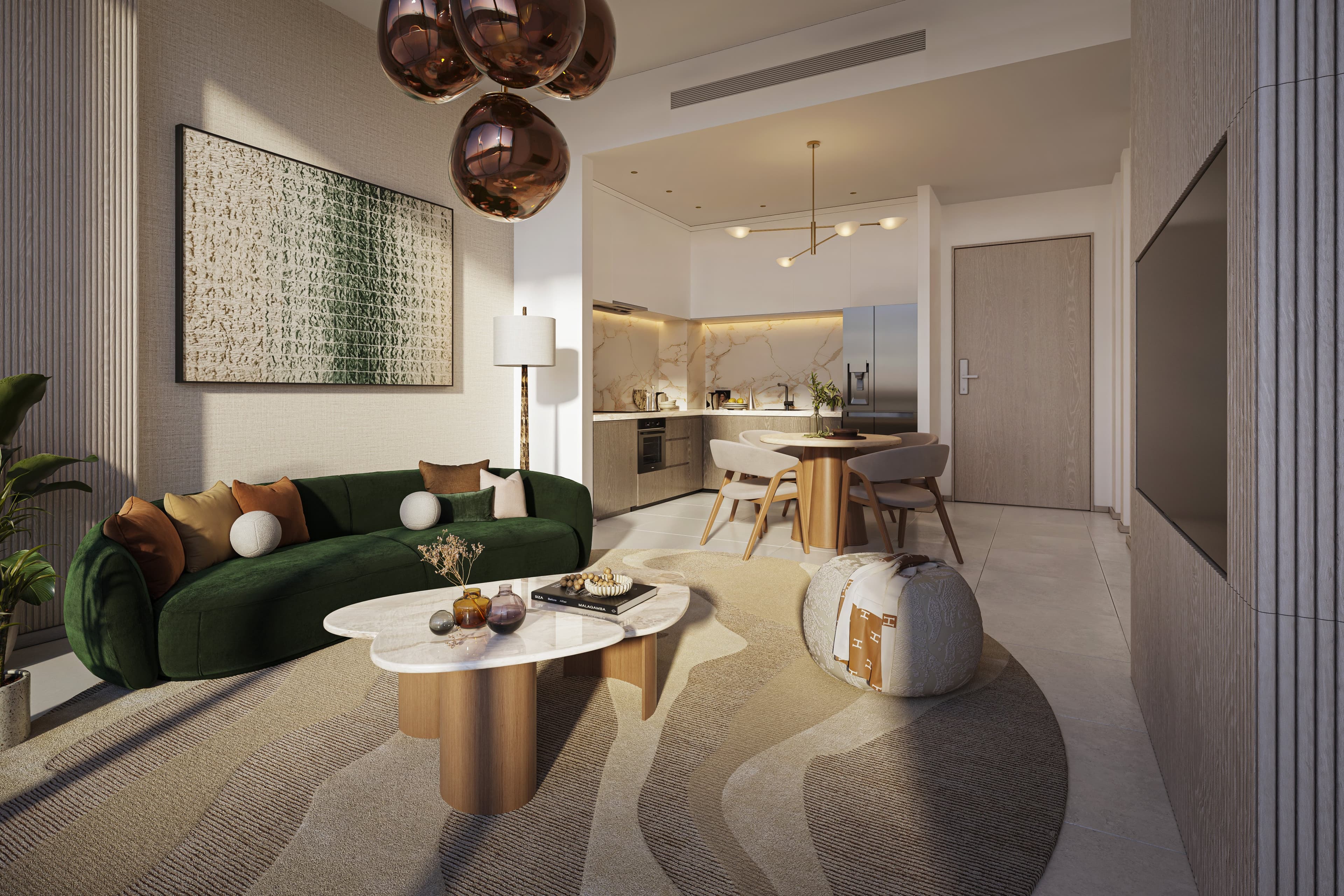 A living room and kitchen at Arancia Yards 2, with a dining table beside the kitchen.