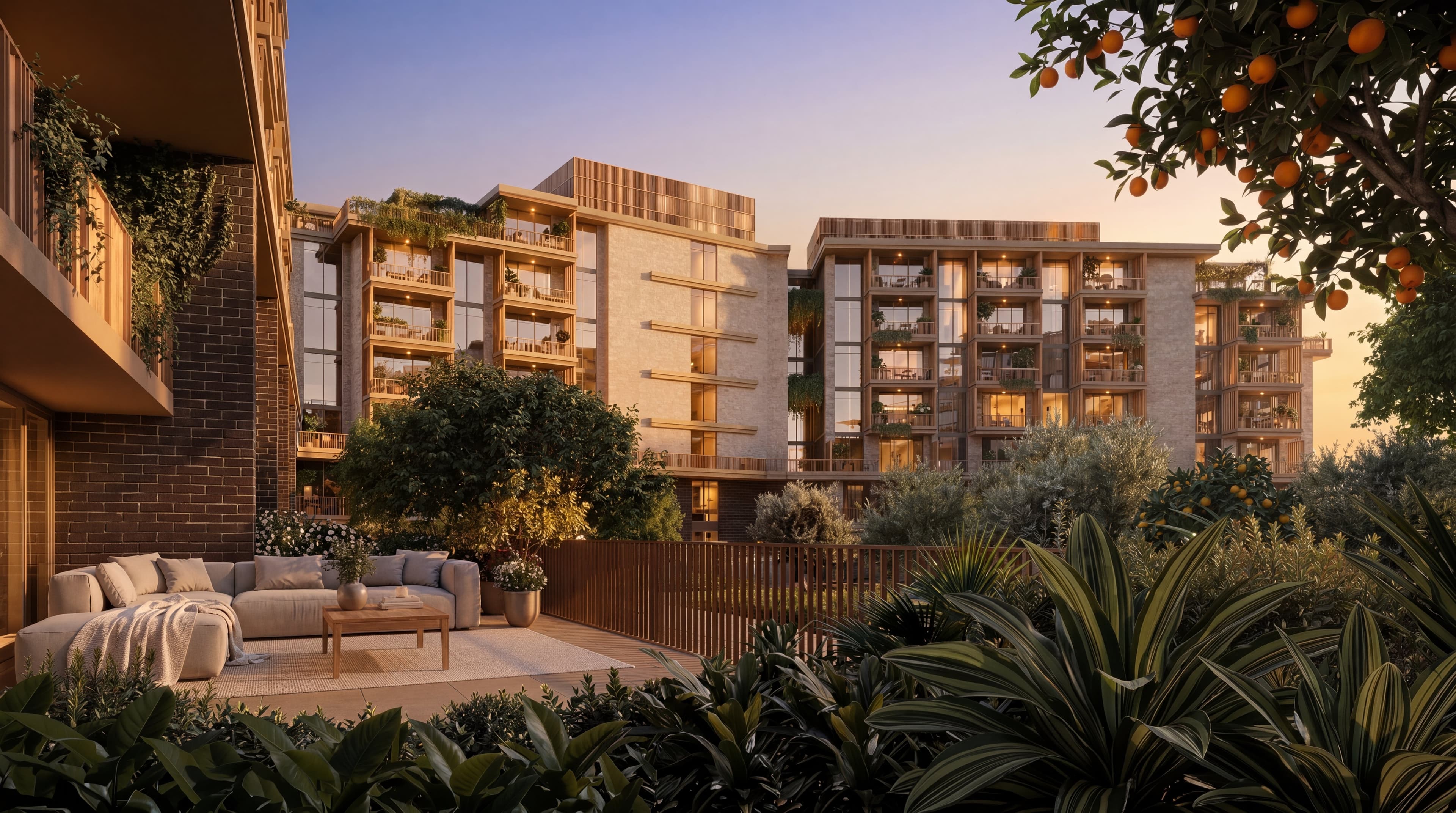 A terrace lounge at Arancia Yards 2, looking across the garden toward the apartments at sunset.