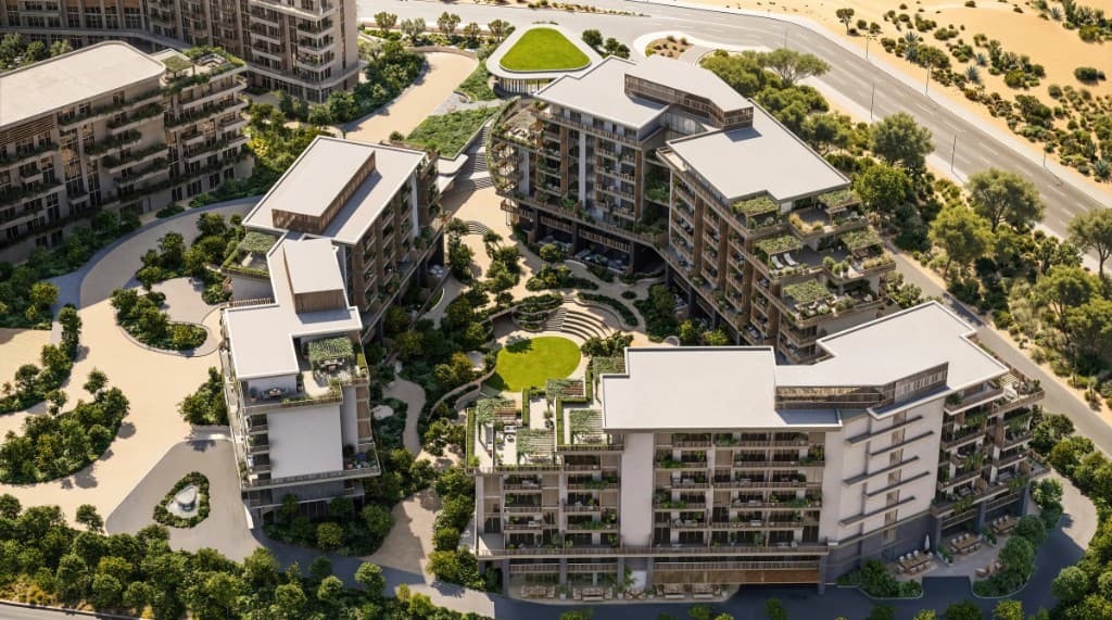 Arancia Yards 2 in City of Arabia, an aerial view of landscaped buildings around a green courtyard.