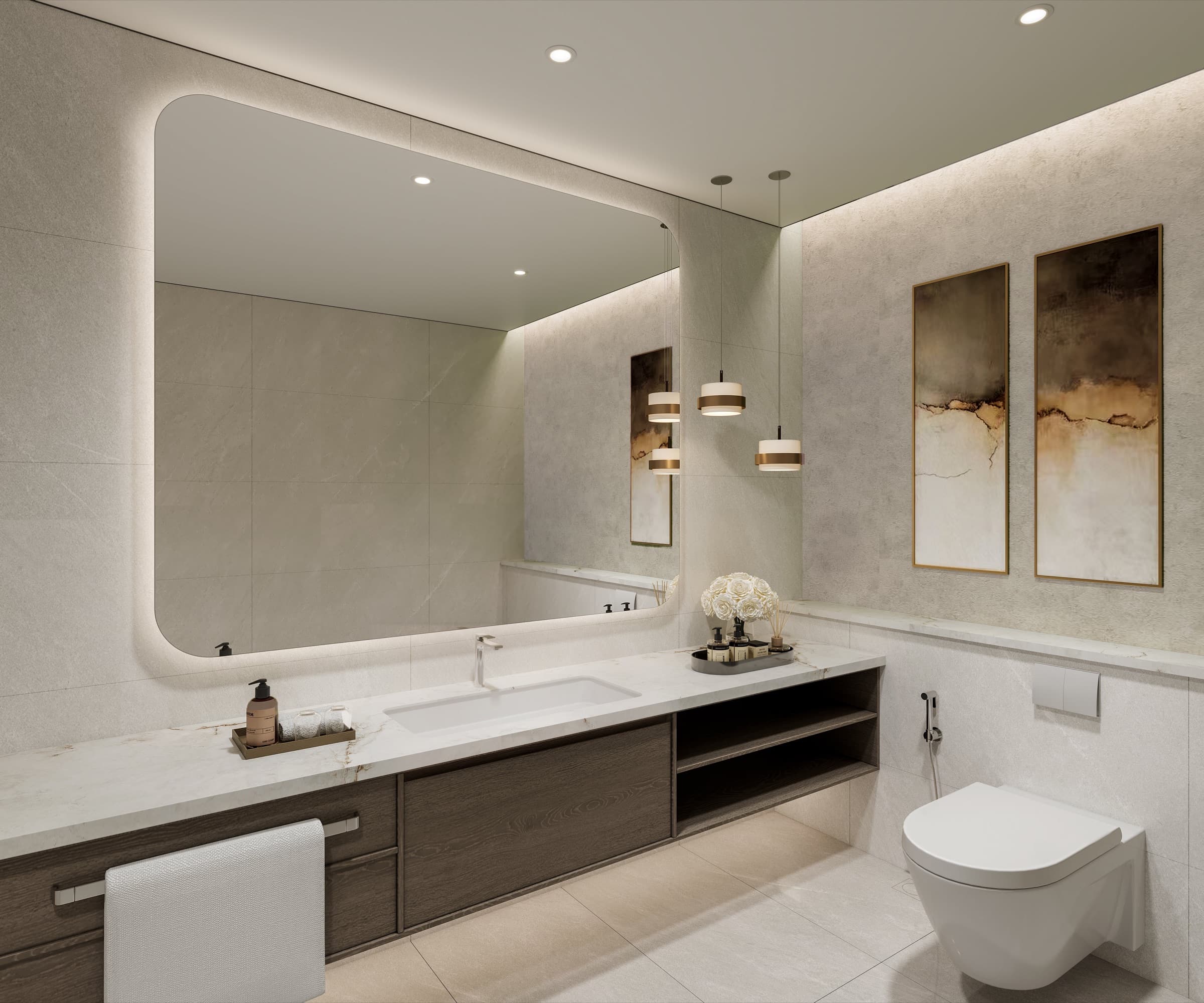An Arancia Yards bathroom with a stone-topped vanity and a backlit mirror.