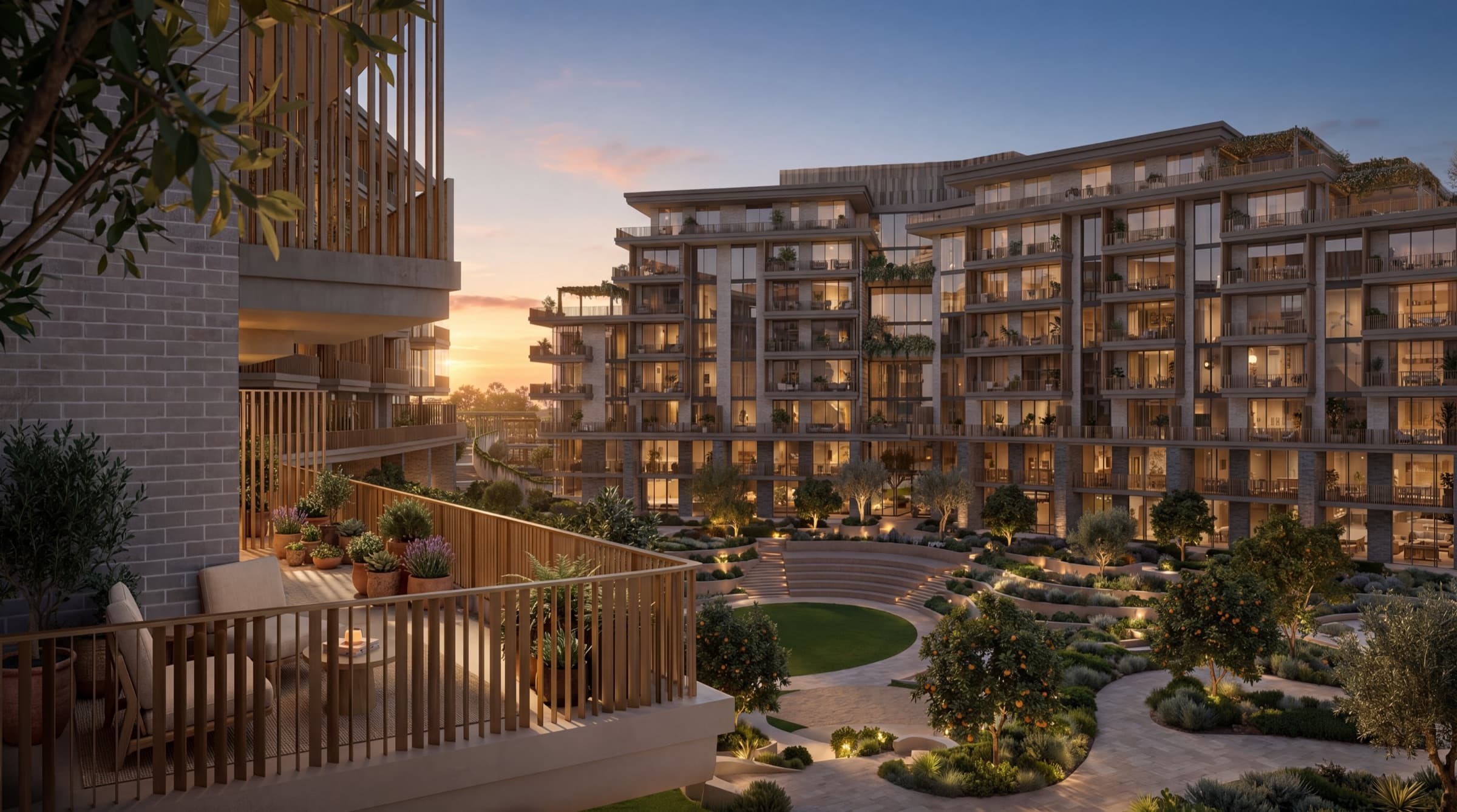 The Arancia Yards courtyard at dusk, seen from a planted terrace, with lit apartments around the amphitheatre.