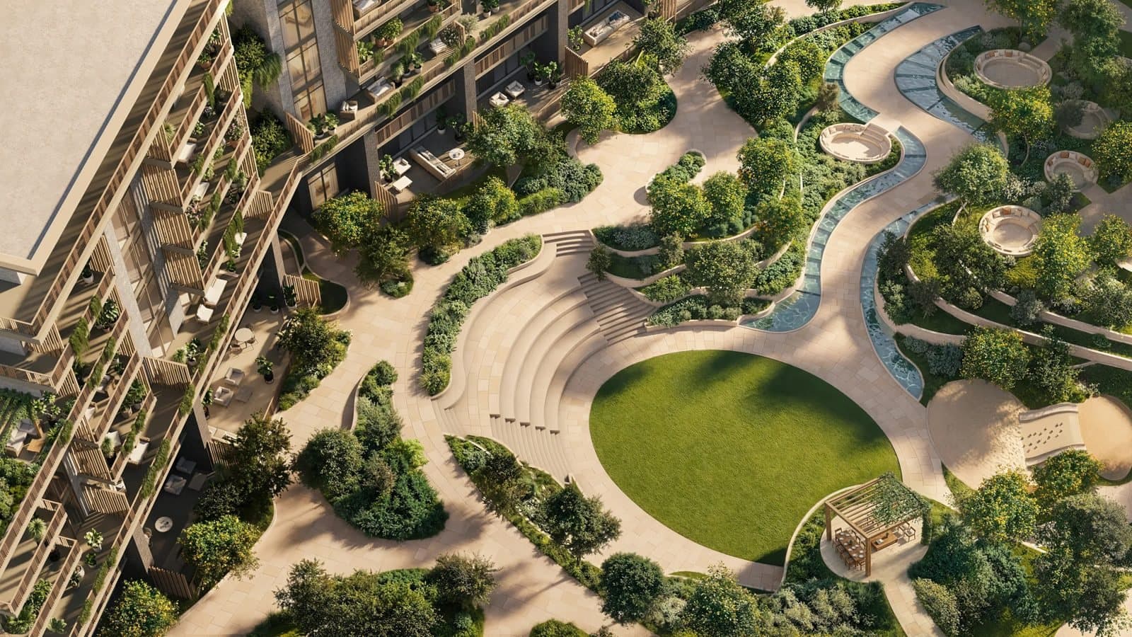 The Arancia Yards courtyard, amphitheatre and green valley.