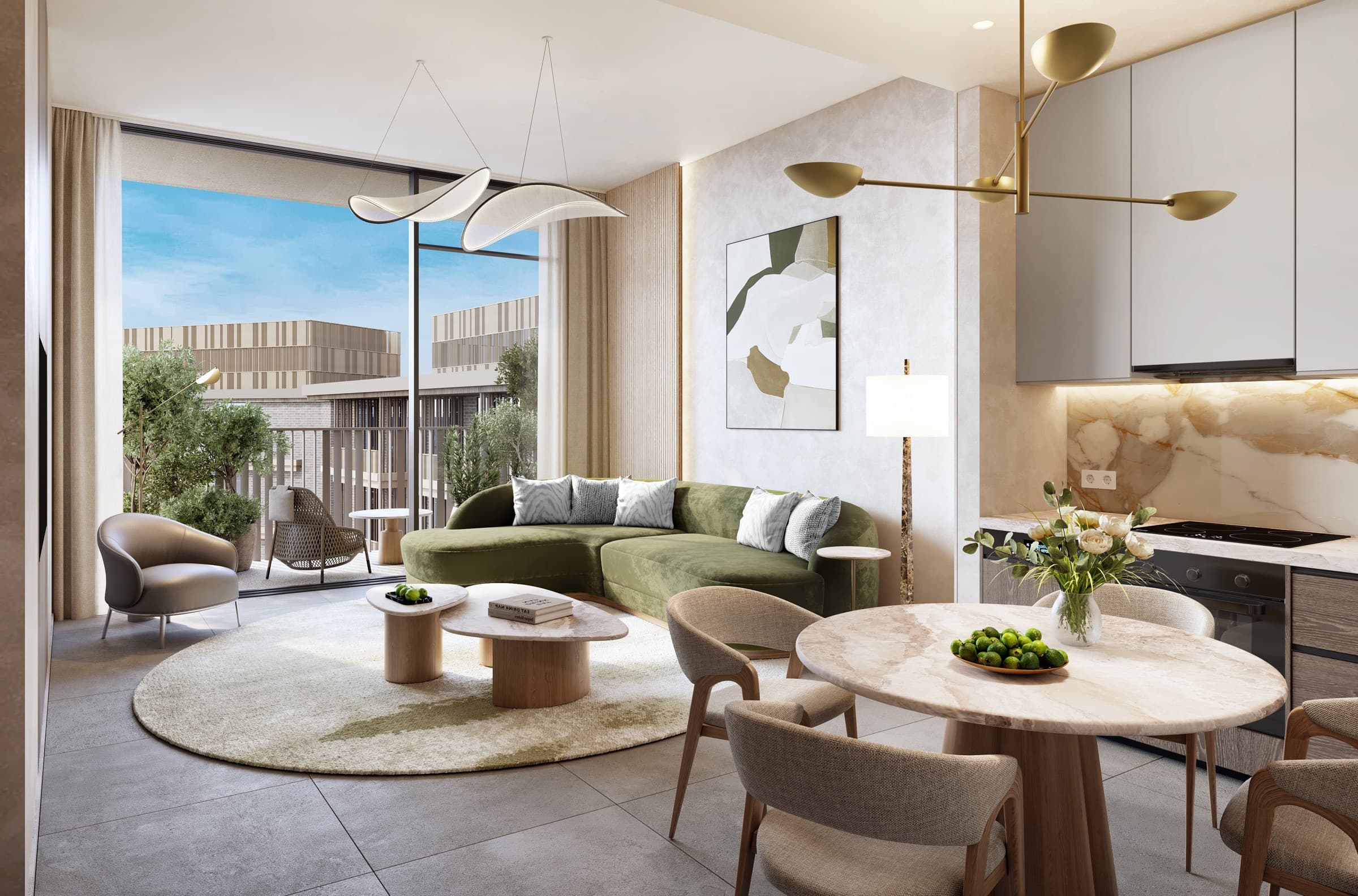 An Arancia Yards living and dining room with a curved sofa, marble table and a balcony.
