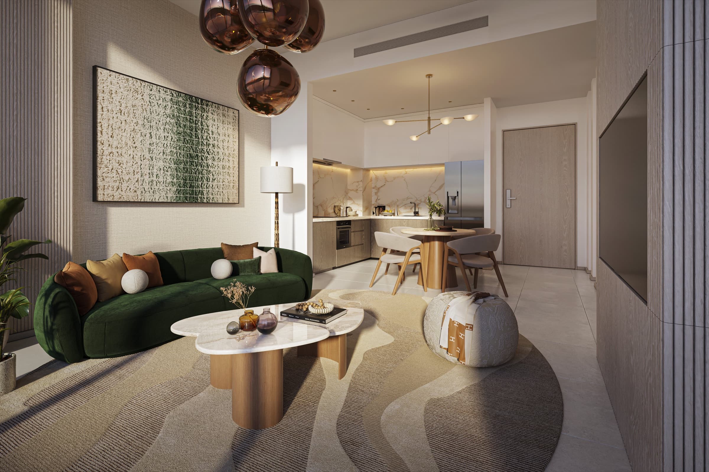 An Arancia Yards living room with the kitchen and dining area beyond.