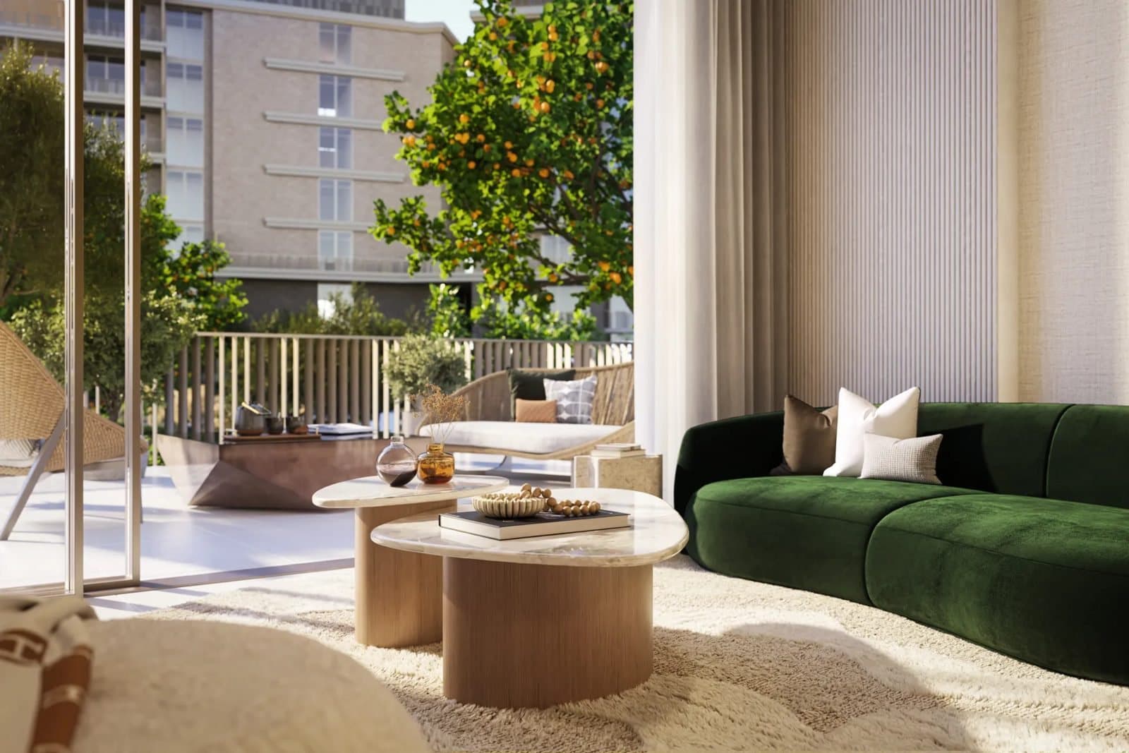 An Arancia Yards living room opening onto a private terrace.