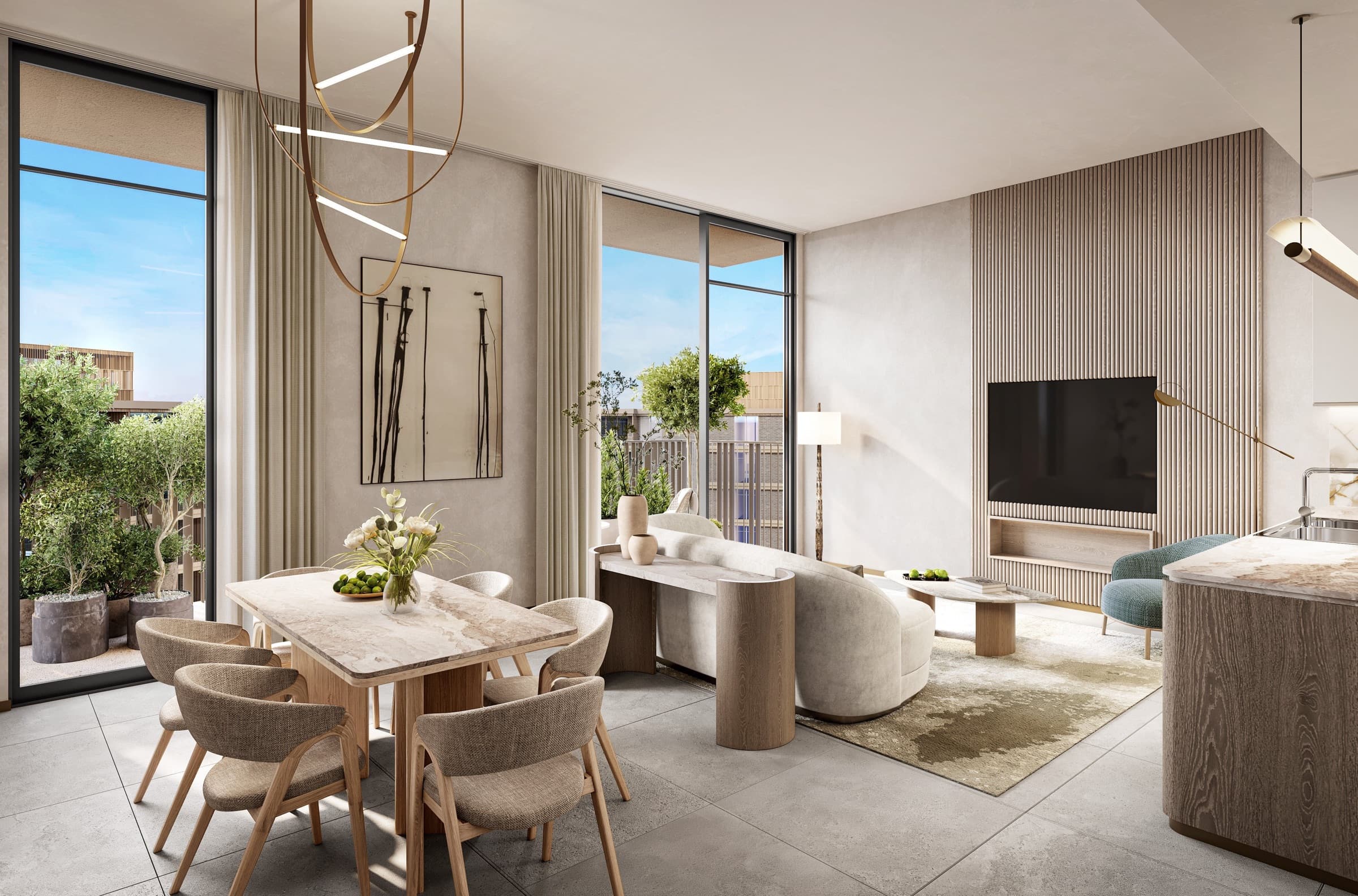 An Arancia Yards apartment living and dining room opening to a planted balcony.