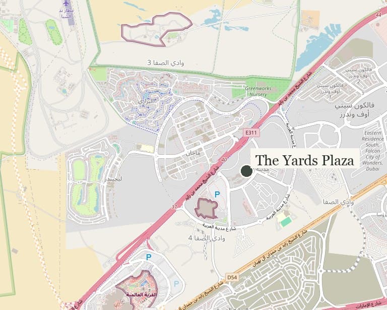 The Yards Plaza location map, City of Arabia, Dubai.