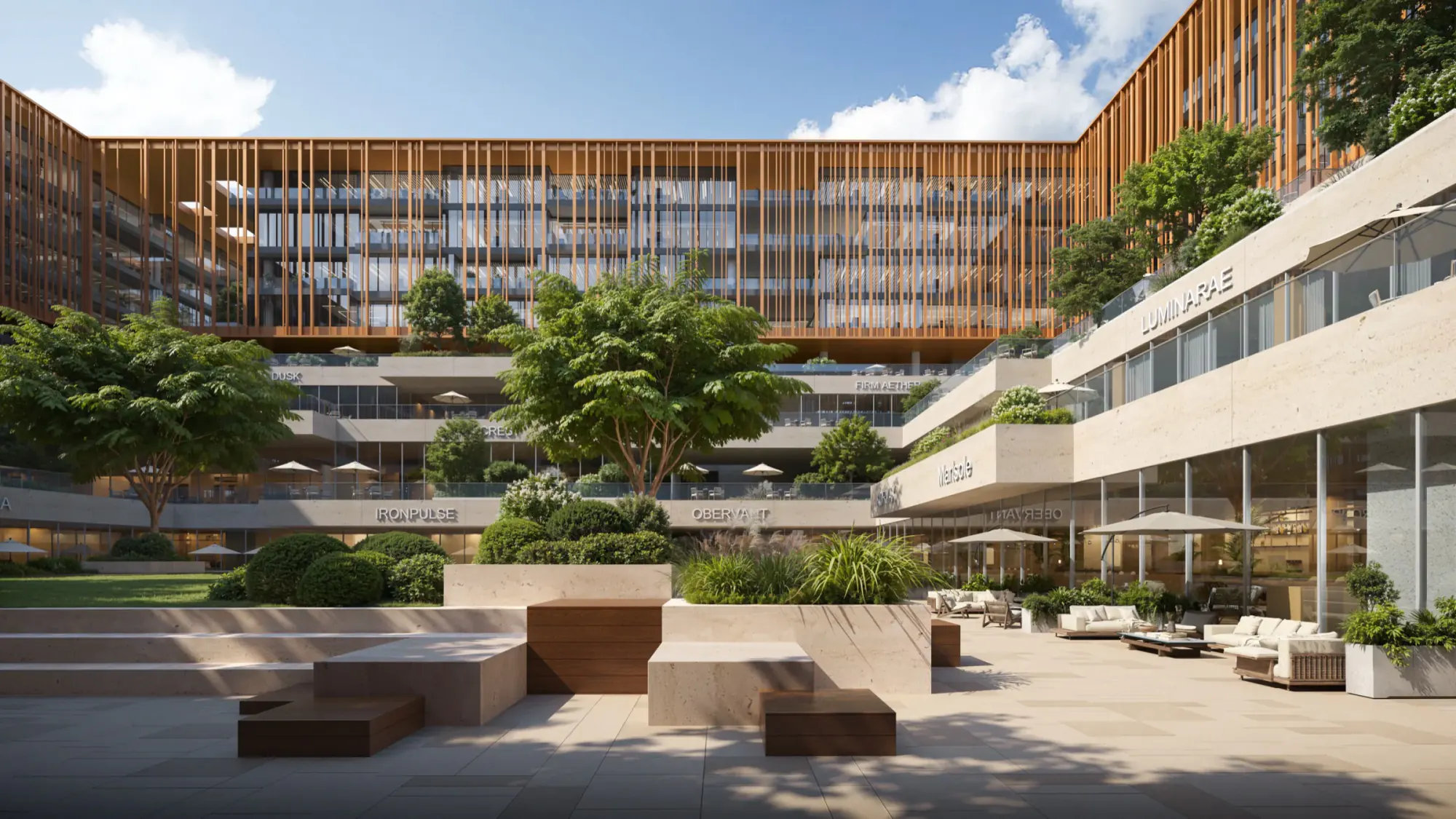 The Yards Plaza central courtyard with landscaped seating, offices and retail terraces
