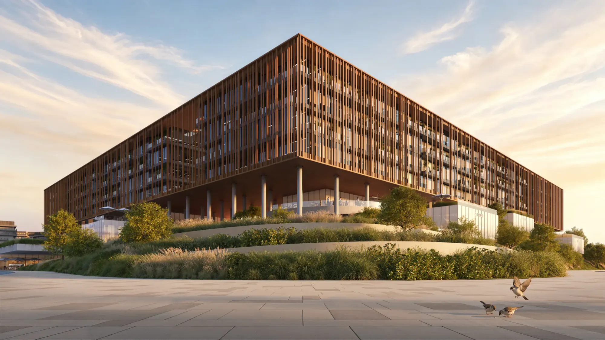 The Yards Plaza office architecture with bronze solar-control louvers and landscaped terraces