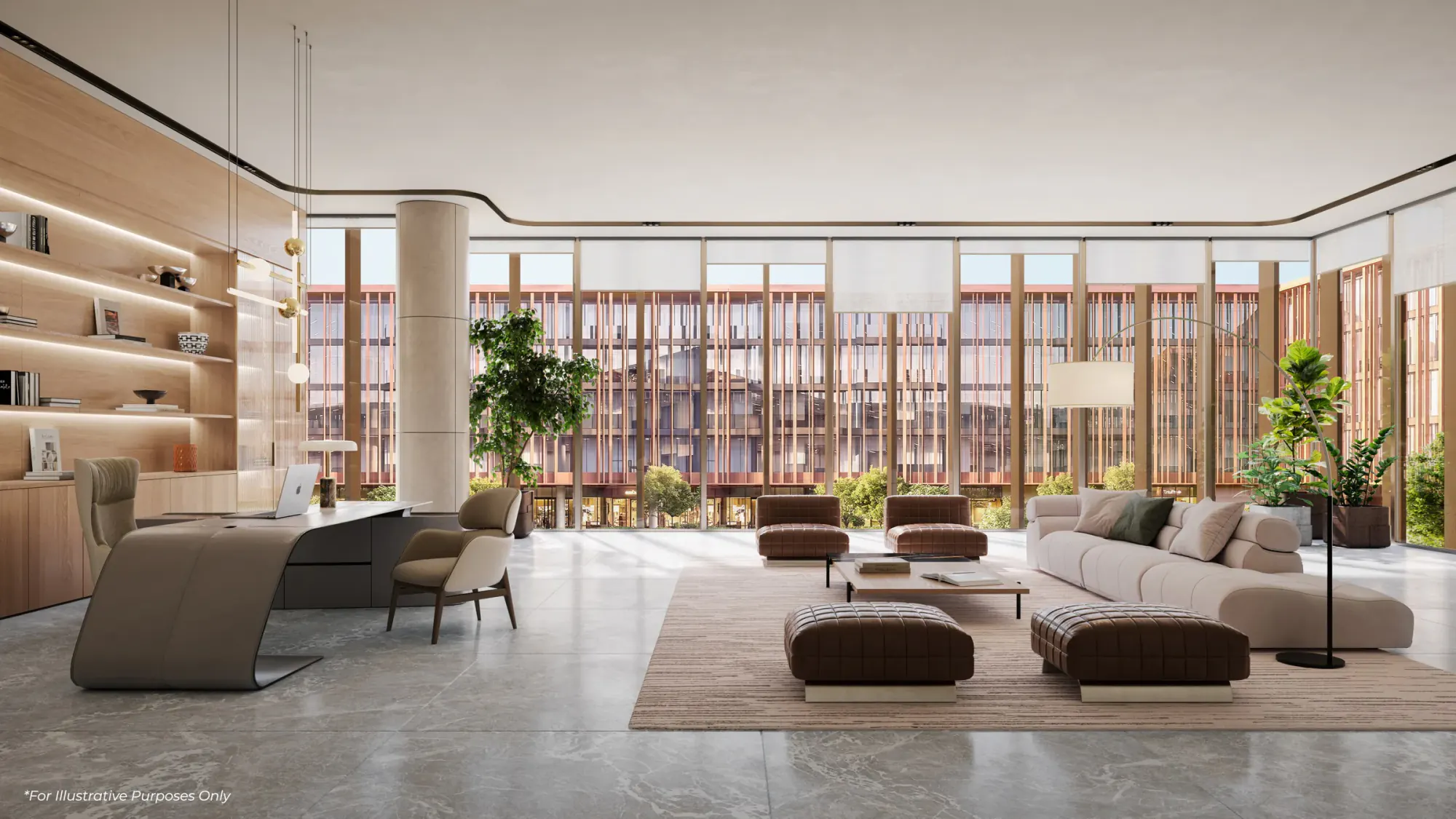 Illustrative executive office interior at The Yards Plaza overlooking the courtyard
